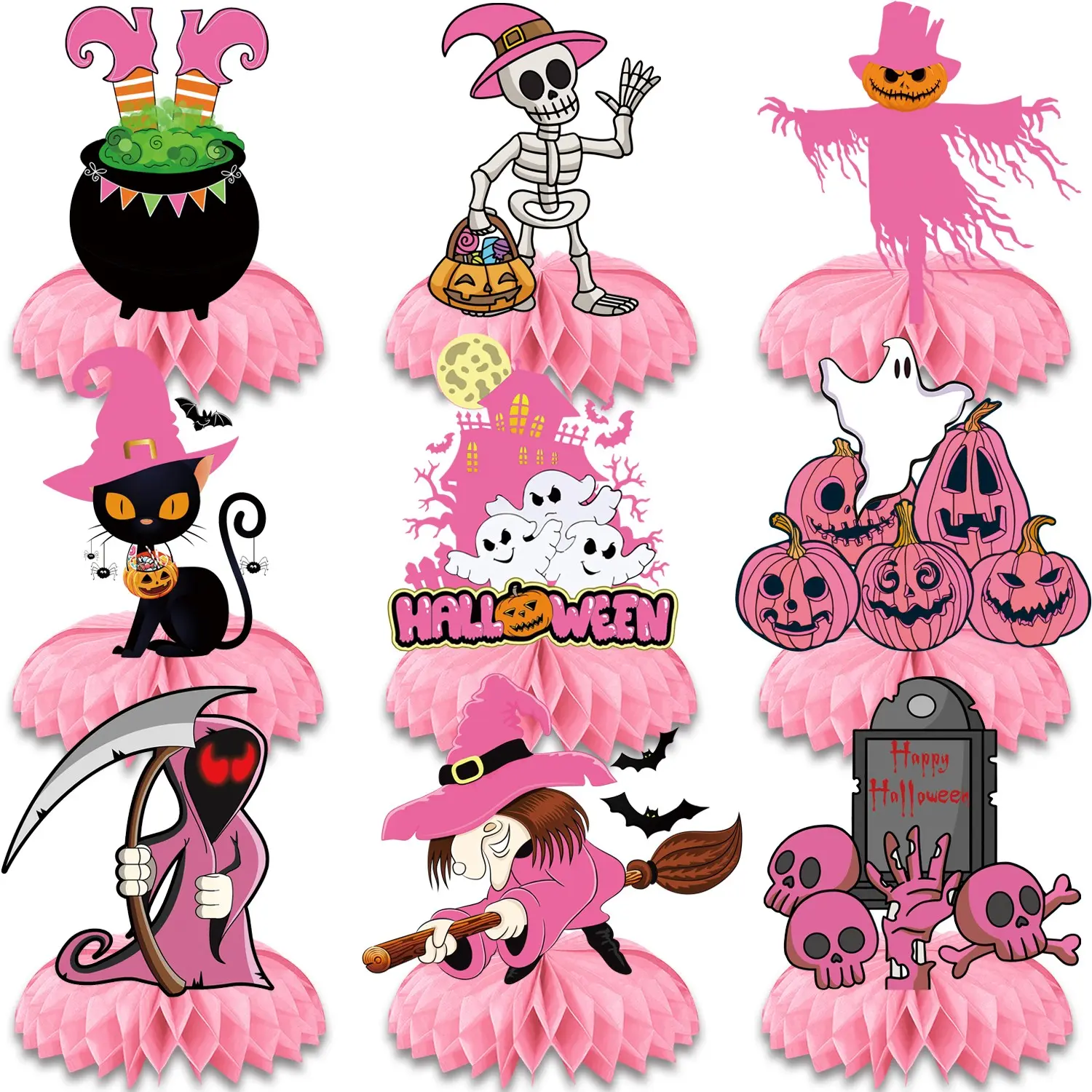 9 Pcs Pink Halloween Centerpieces, Halloween Table Centerpieces Decorations Ghost Pumpkin Bat Witch Halloween Baby Shower Birthday Party Decorations Halloween Party Supplies