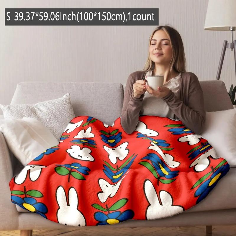 Miffy Rabbit Floral Fluffy Blanket Ultra Soft Flannel Anti Pilling Cozy Warm Bedroom Couch Sofa Nap Camping Travel Throw Decor Decorative Throw Perfect Birthday Gift Christmas Gift for Kids Teens Girls Women Kawaii Spring Style