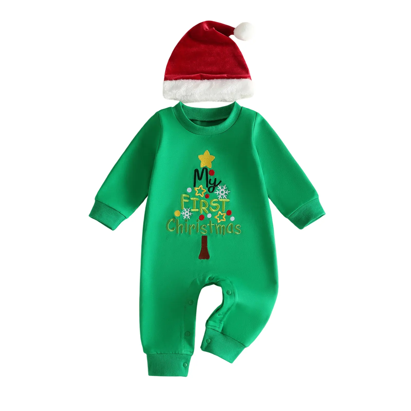 Newborn Baby Boy My First Christmas Outfit Letter Embroidery Romper with Cute Santa Hat Set Fall Winter 0-12 Months