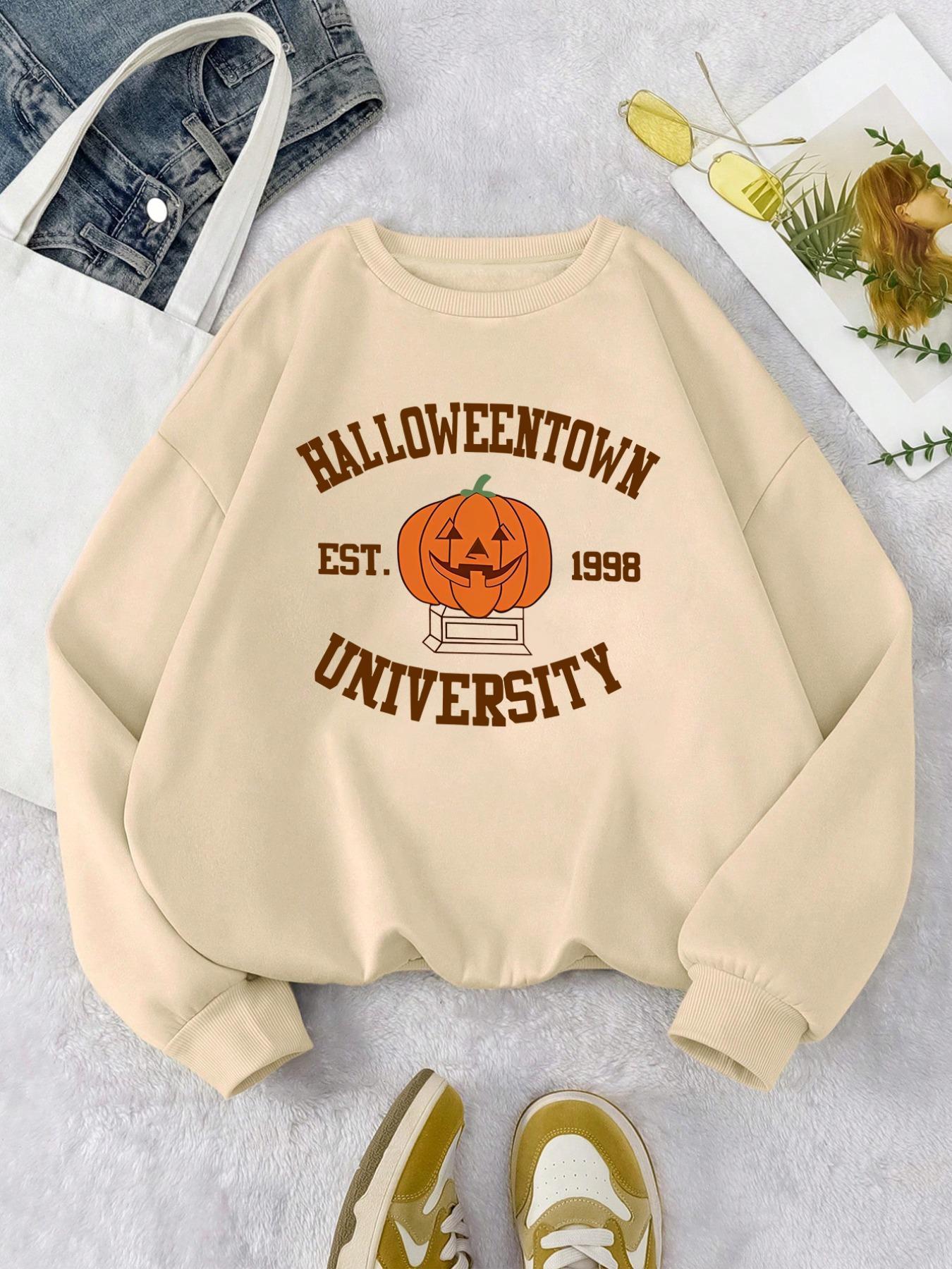 Women's Letter Print Drop Shoulder Sweatshirt, Casual Halloween Long Sleeve Round Neck Pullover for Spring & Fall, Lady Clothes for Daily Wear Black Girl Outfits