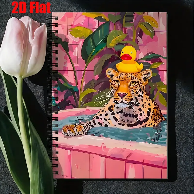 1 Spiral Coil Notebook 5.7x8.26 inch, Leopard & Rubber Duck Design, High-Quality Lined Pages, Durable Binding, Perfect for Bathroom Journal, Daily Planner, Travel Notes, Birthday Gift for Animal Lovers, Art Enthusiasts, Home & Travel Use [2D] Fla
