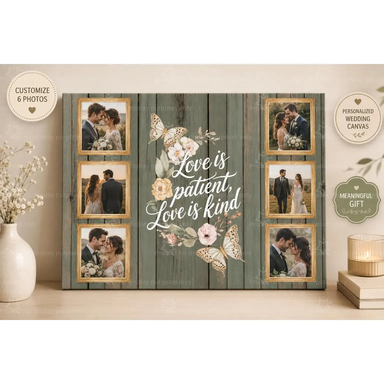 Custom 6 Photo Collage Canvas Poster, Rustic Floral Butterfly Love Quote Wall Art, Personalized Picture Print, Wedding Anniversary Family Gift, Bedroom Living Room Decor, Aesthetic Poster Print, Custom Canvas Wall Decor