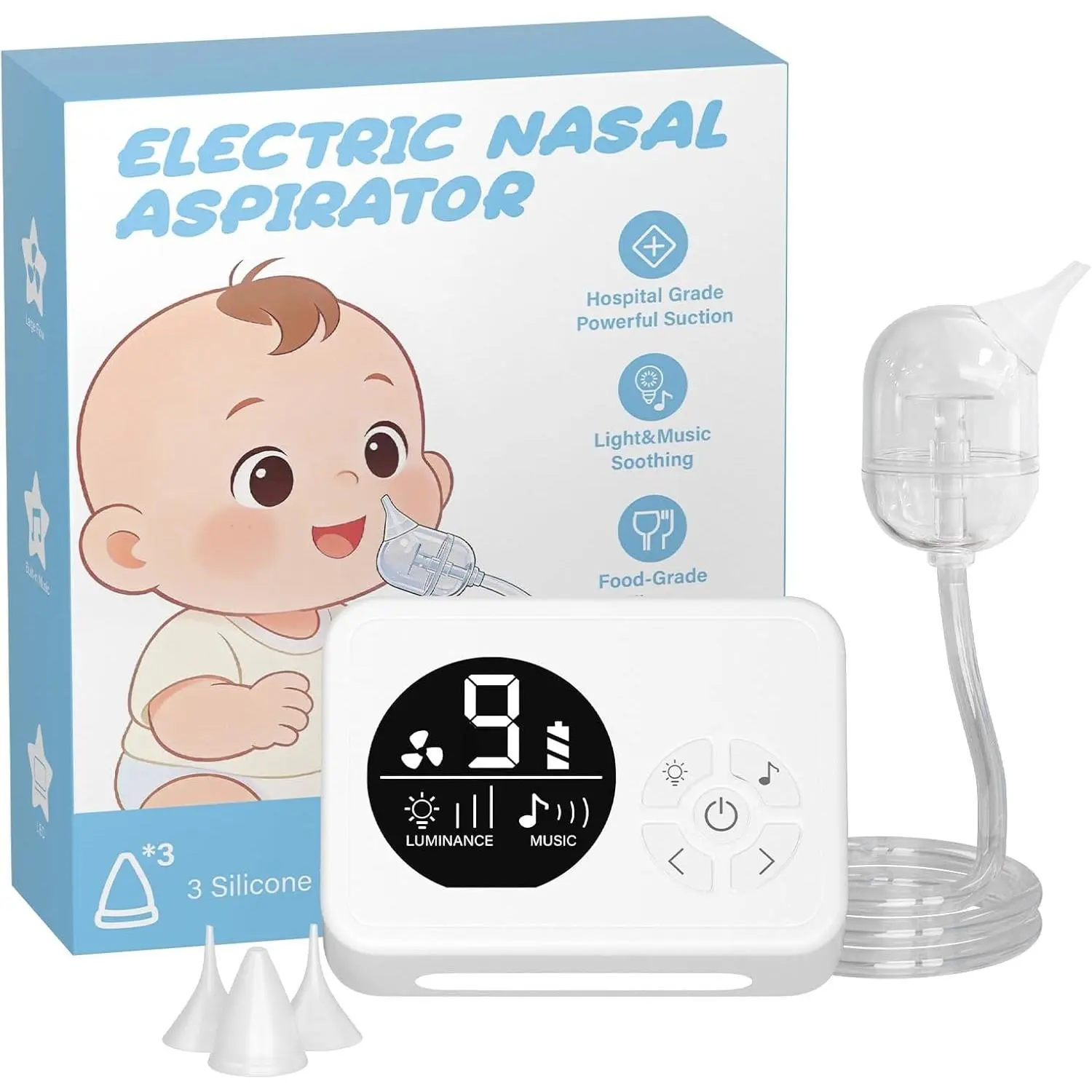 Nasal Aspirator for Baby Nose Sucker with 9 Suction Levels Electric Snot Sucker 3 Levels Night Light & Nursery Rhyme Soothing Function Food-Grade Silicone Tips