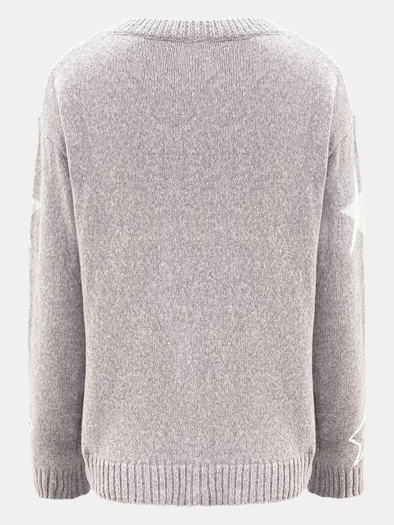 Women's Star Print Drop Shoulder Sweater, Casual Long Sleeve Round Neck Jumper for Fall & Winter, Fashion Ladies' Knitwear for Daily Wear, Tops