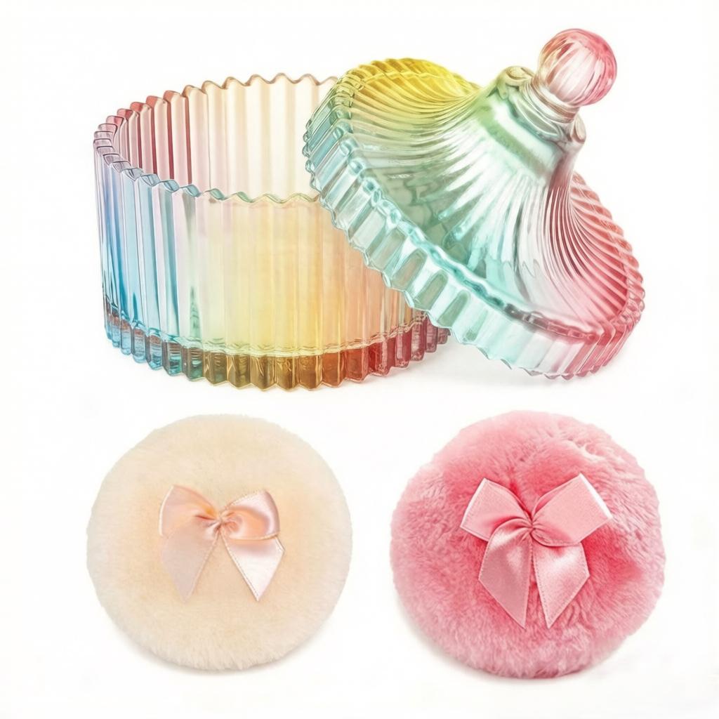 1 2 Body Powder Suction Cups 1 Glass Container Dry Cosmetic Powder Applicator with Dust Proof Cover Amber Iridescent Party Gift