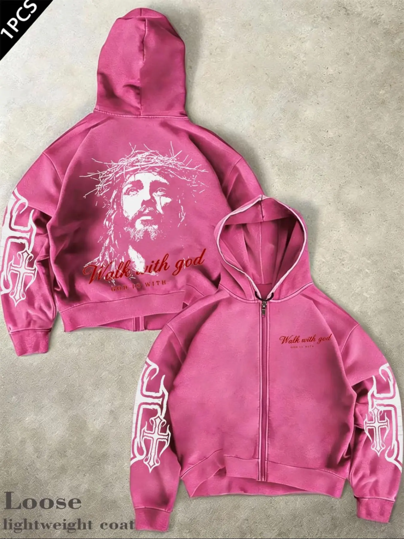 Short Loose Fit Casual High Waist Dress Hoodie, Smooth Metal Zipper, Gothic Cross Print, Vintage Portrait Backprint, Breathable Lightweight Fabric, Fall & Winter