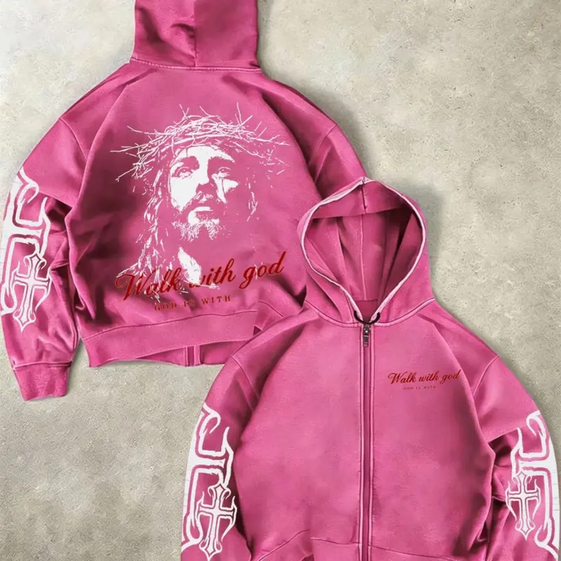 Gothic Zip-Up with Cross Sleeve Prints and Vintage Portrait Back Graphic, Breathable Fabric Lightweight Loose-Fit Sweatshirt for Fall and Winter