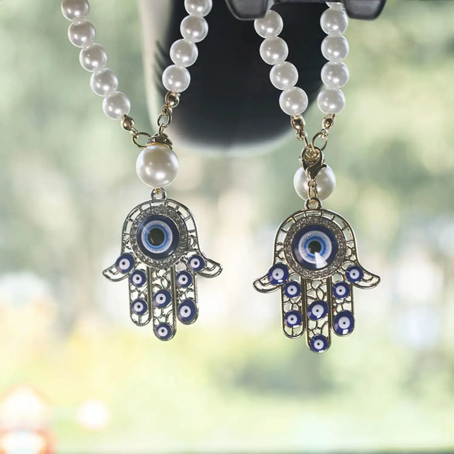 Polyester Car Rearview Mirror Charm, Hamsa Hand of Fatima with Evil Eye Rhinestone Crystal Ornament, Sparkling Decorative Auto Accessory for Women, Hangs Easily Spiritual Boho Valentine Gift, Cars
