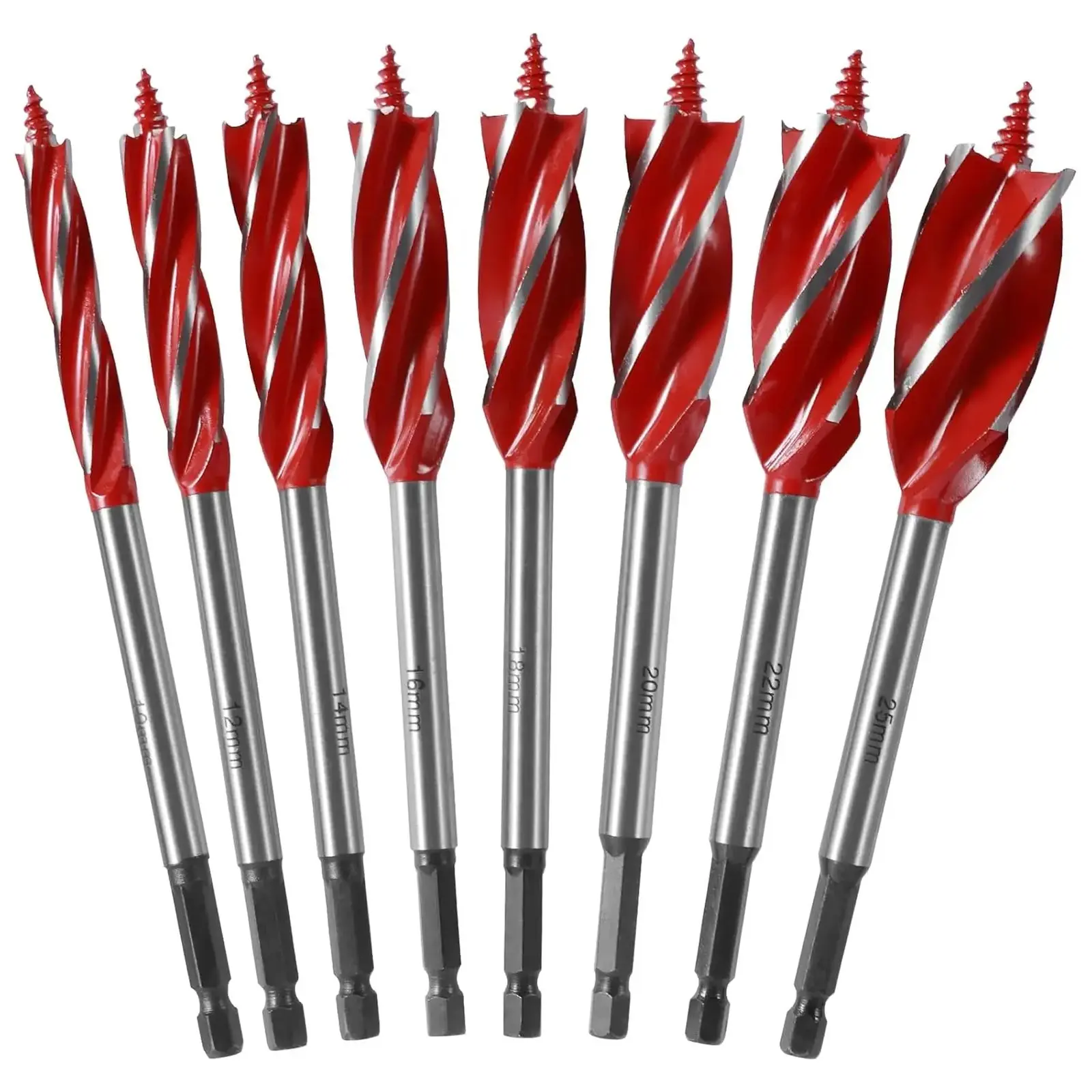 8‑Pack High‑Carbon‑Steel Wood‑Boring Tool Kit, Four‑Groove Cutting Rotary Bits With Hexagon Connector Shank, Sizes 10‑25mm, Workshop Supplies for Hard Timber and Plastic Machining