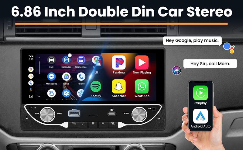 Hikity Double Din Car Radio with Wireless CarPlay Android Auto, Auto Radio with Bluetooth Hands-Free 6.86 Inch Touch Display Radio support DVR FM/EQ/AUX+Rear View camera