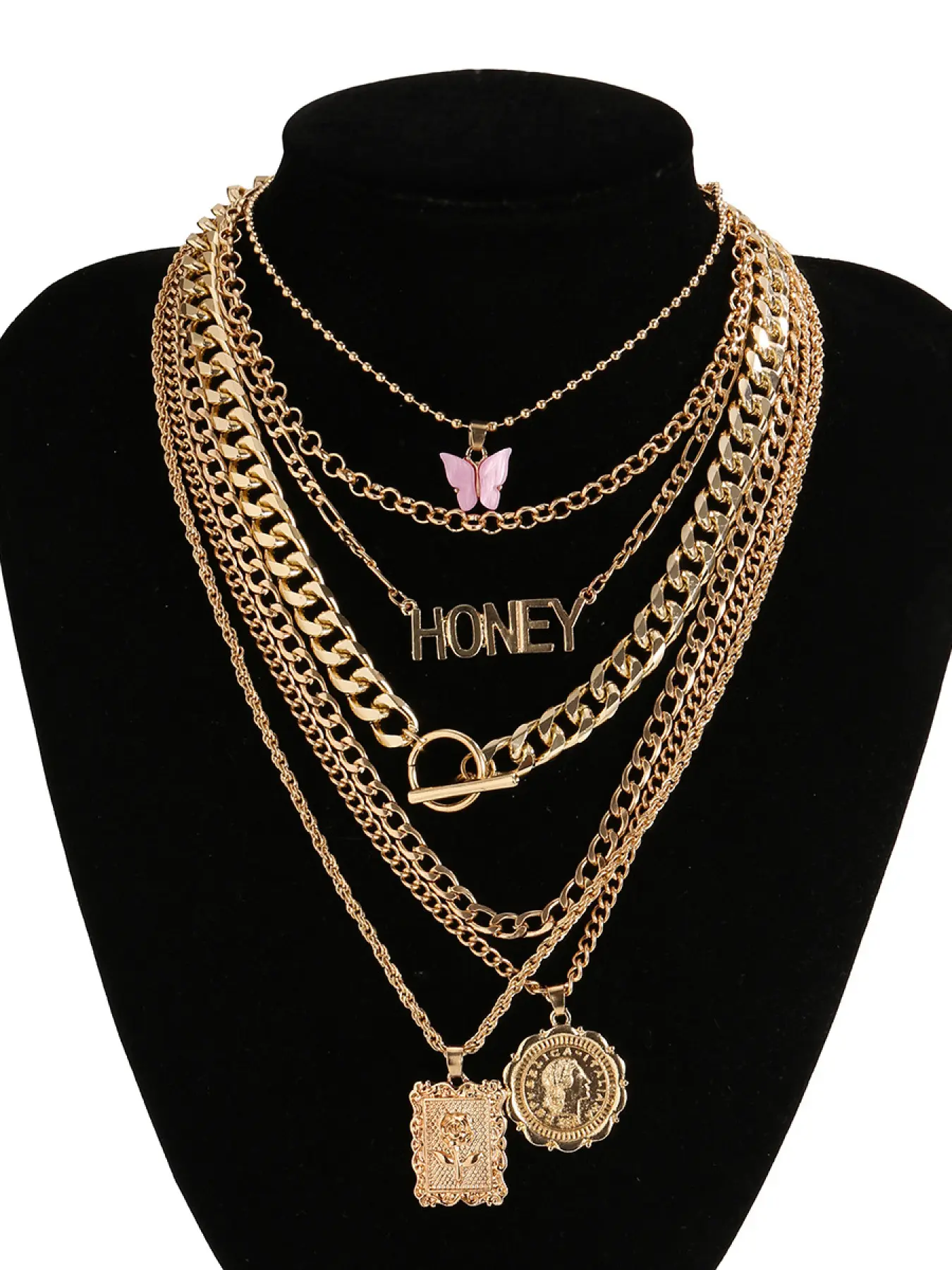 Women's Multi-Layer Necklace Set, Honey Letter Butterfly Coin Pendants, Boho Style for Daily Party Music Festivals