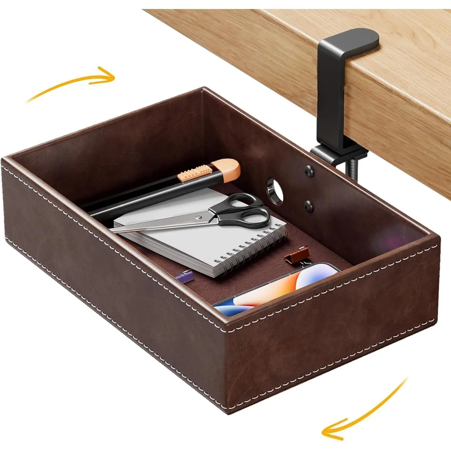 Under Desk Drawer, Clamp  Desk Organizer  Desk Storage PU Leather