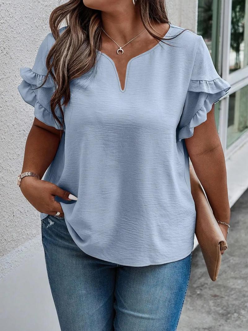 Plus Size Plain Frill Trim Petal Sleeve Notched Neck Tee, Casual Short Sleeve T-shirt for Daily Wear, Women Plus Clothing for All Seasons
