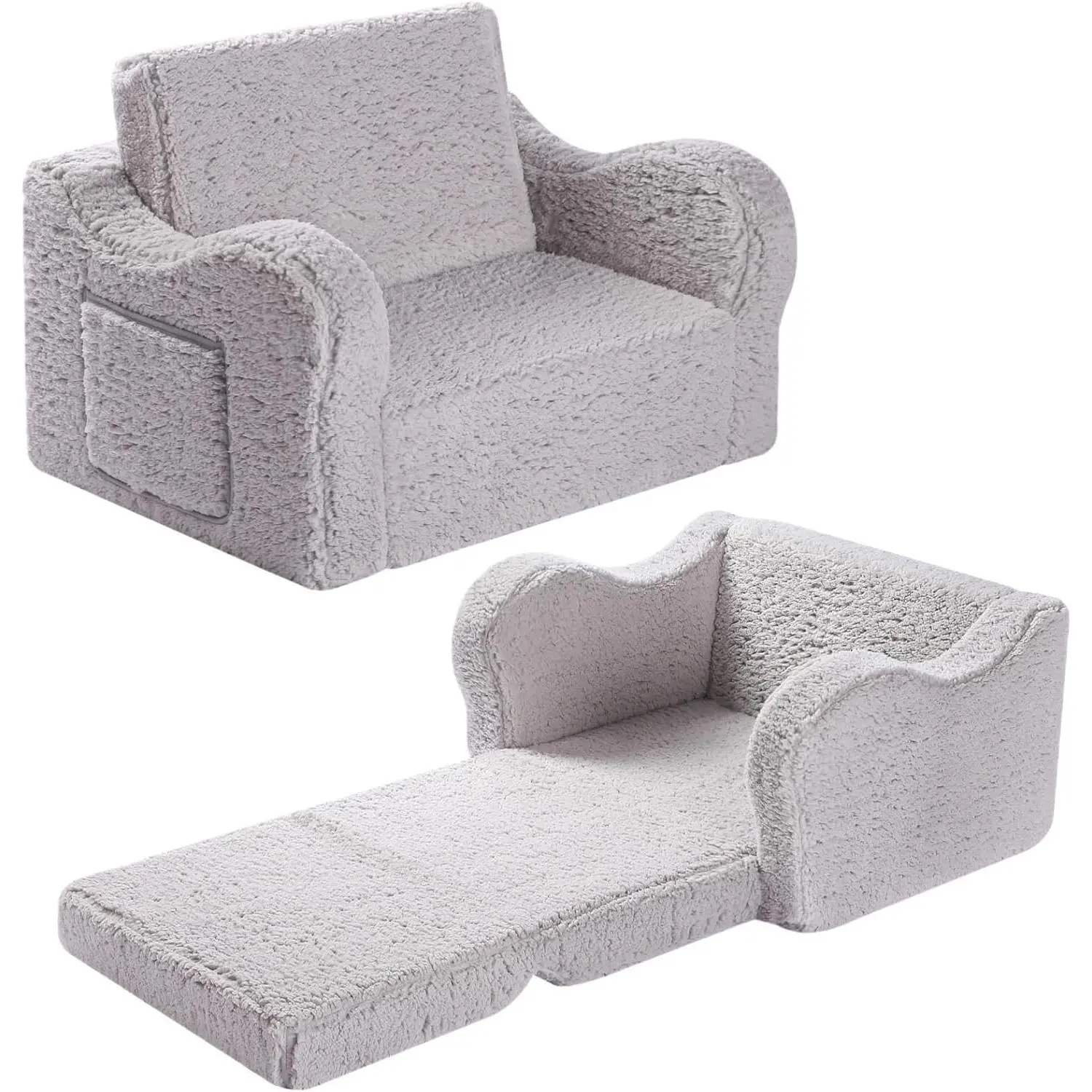 Kids Sofa, 2-in-1 Flip-Out Foam Couch with Soft Sherpa Cover, Cozy Play Lounge Chair, Grey