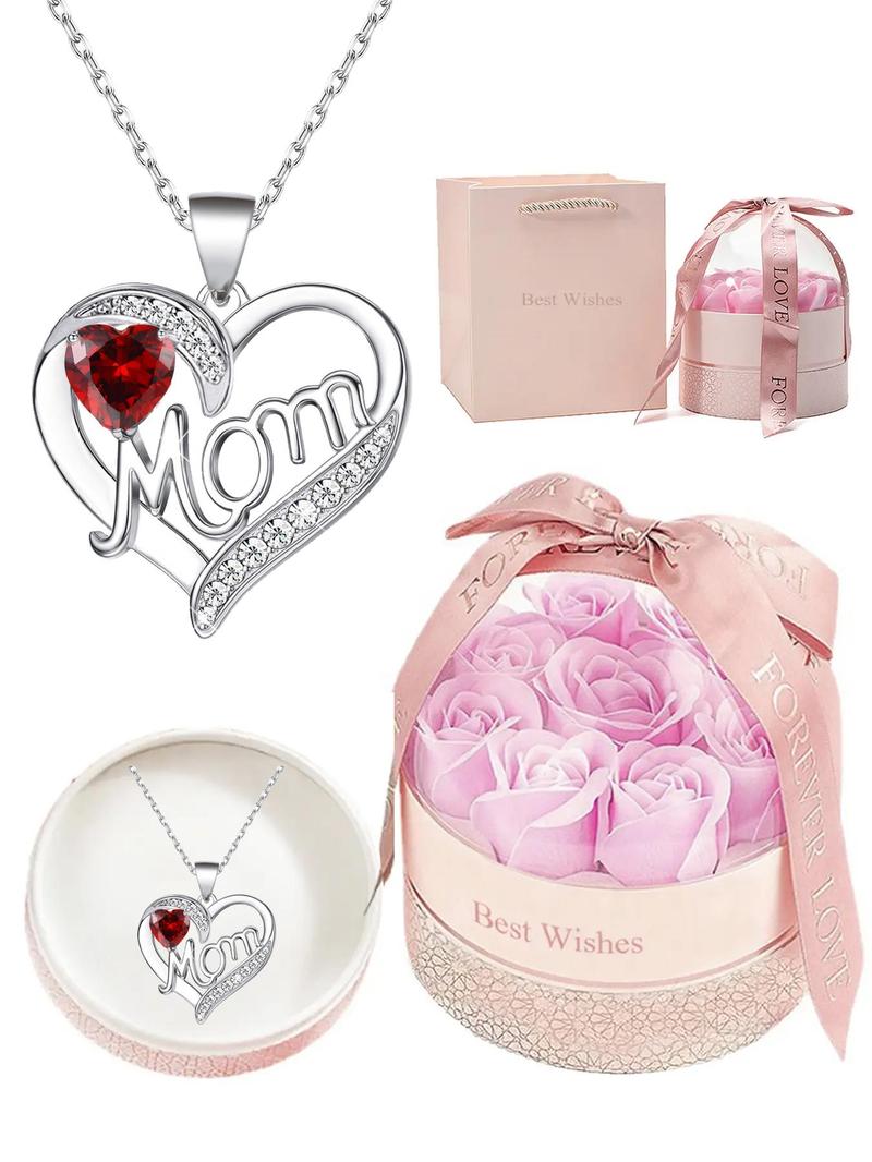 Creative Artificial Crystal & Rhinestone Decor Heart Pendant Necklace, Engraved Letters Necklace with Romantic Box & Flower, Summer Jewelry, Fashionable Matching Jewelry Gift for Mom, Gifts for Girlfriend Valentine Gifts For Gf