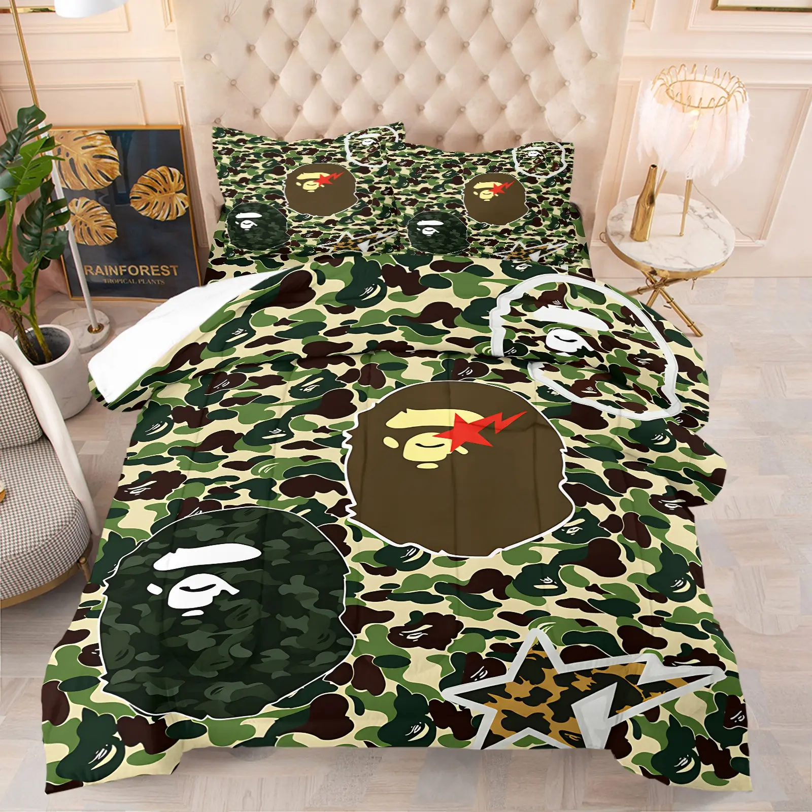 Classic Military Green Abc Camo and Cartoon Gorilla Head Comforter Set, Comfortable EasyCare Bedding, 1 Quilt + 1-2 Coreless Pillowcases, Suitable for Teenage Boys and Game Players Bedroom Dorm Decor