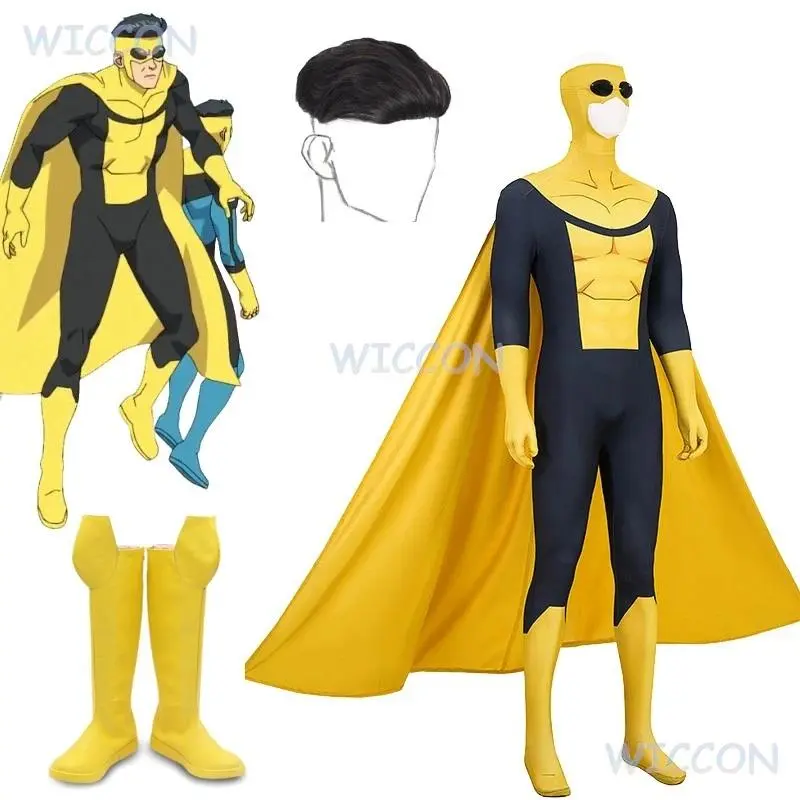 Invincible Mark Grayson Cosplay Yellow Jumpsuit Cloak Superhero Cosplay Costume Anime Comic Bodysuit Halloween Men Boots Wig