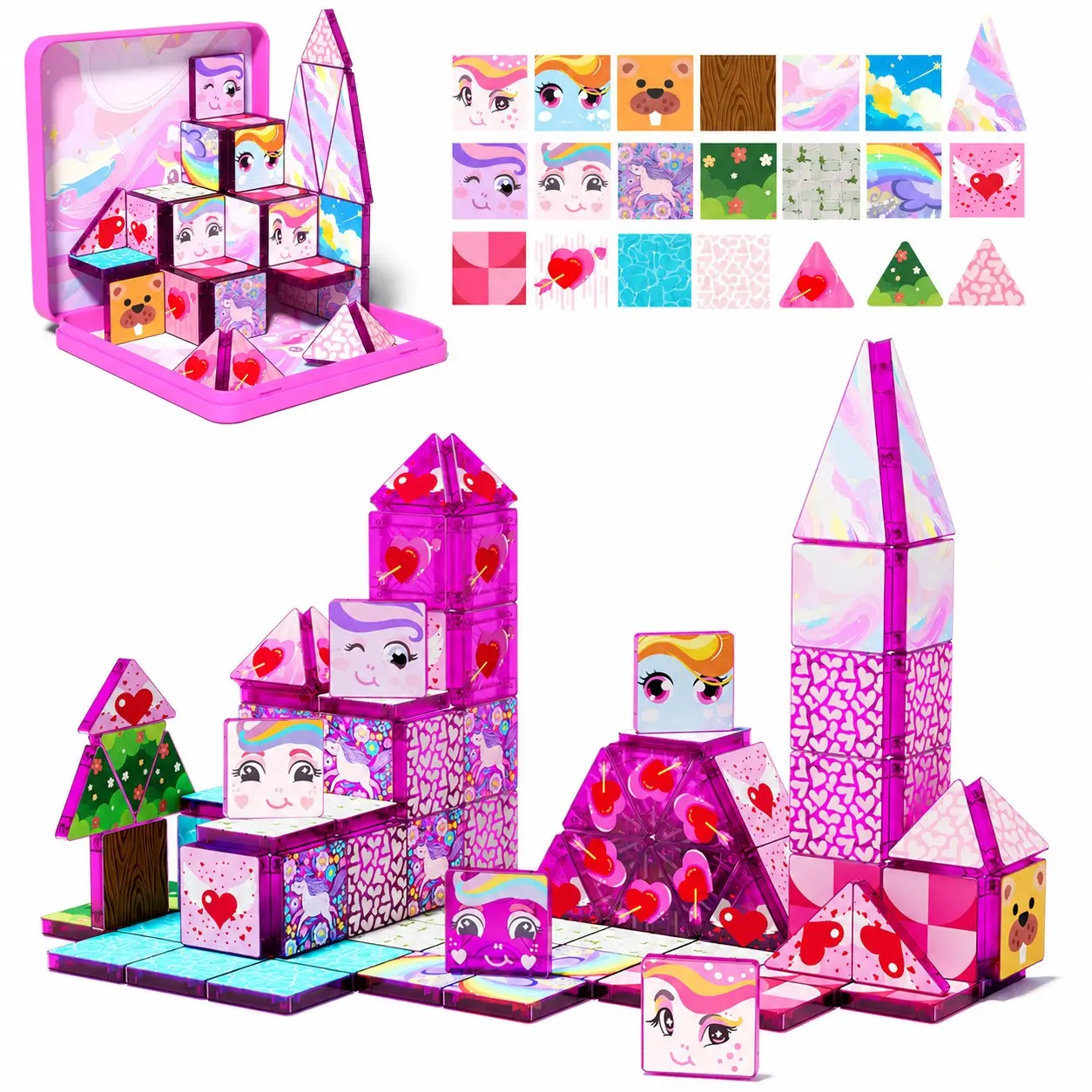 Rainbow Unicorn Magnetic Building Cubes with Pink Metal Storage Case, Princess Castle STEM Montessori Sensory Toy, Creative Magnetic Blocks & Tiles for Kids Ages 3+, Birthday Christmas Gift for Girls & Boys