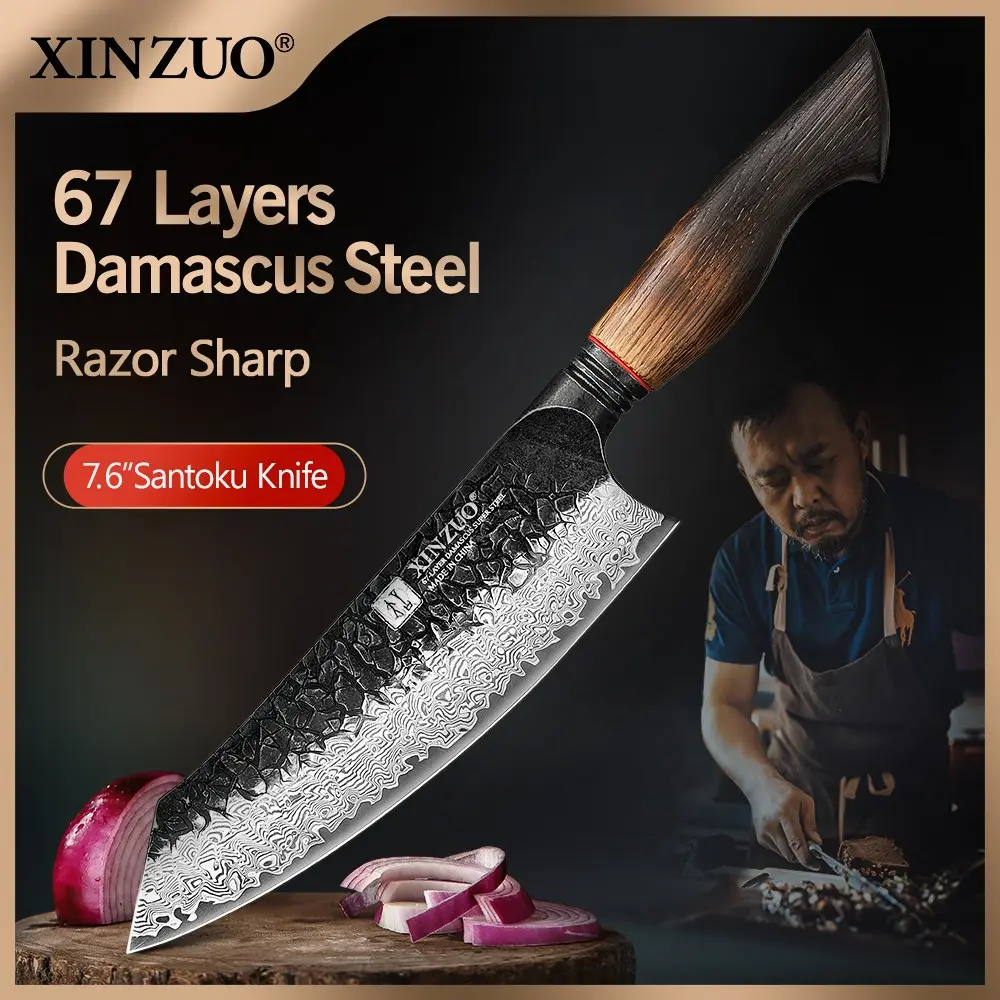 XINZUO Mo Series Damascus Steel Santoku Knife, 7.6 Inches in Length, Features 67 Layers of Damascus Super Steel Blade, 60±2 HRC Core Hardness, 15°±1 Edge Angle per Side, North American White Oak + Red G10 Handle, and Comes in a Beautiful Gift Box