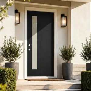 ARCH 36x80 Fiberglass Front Door Entry Door with White PVC Frame Right-Hand Inswing Exterior Door with Brickmould Contemporary Brushed Skin Grooved Line Frosted Glass for Home Entrance Black, Black Color Options, Fiberglass Material