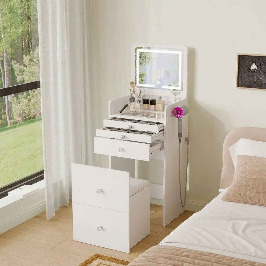 3 In 1 Makeup Vanity Desk With Flip Top Mirror, 19" Compact  Vanity Table With Visible Glass Desktop & Power Outlet, 3 Color Modes, Come With 3 Drawers & Storage Stool, Bedroom Small Vanity Set For Grils Women, Gifts For Christmas