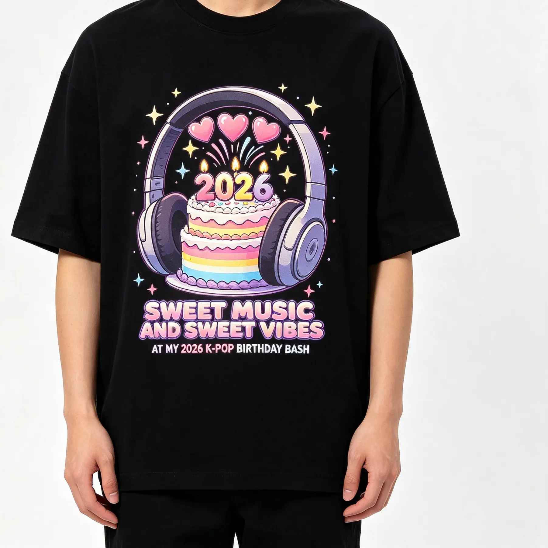 Men's Oversized Graphic Print T-Shirt - Pastel Rainbow Layer Birthday Cake, Candles, Purple Headphones, 3 Pink Hearts, Star Sparkles, Sweet Music Vibes, 2026 K-Pop Birthday Bash Design