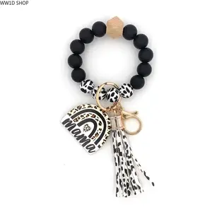 Boho Tassel Beaded Bracelet Keychain  Boho Tassel Beaded Bracelet Keychain for Women, Leopard Pattern Wristlet Key Ring, Decorative Bag Charm Accessory for Keys and Daily Carry