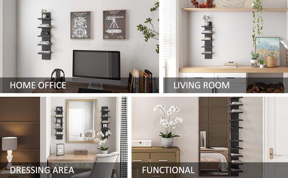 1=5 Tier Shelvesl, Vertical Column Wall Decor Mount Floating Shelves for Bedrooms, Living Rooms, Natural Finish Wall Shelf, Black