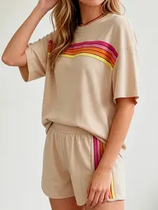 Two-piece women's fashion casual leisure sportswear set, Womenswear loose and slim-fit with rainbow striped design, perfect for summer, vacations, indoor, and outdoor wear