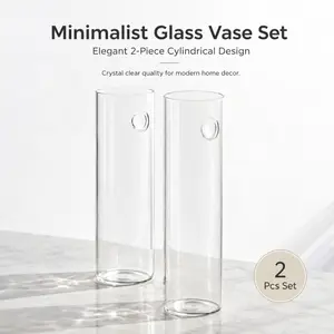 2 Pack Minimalist Clear Cylindrical Glass Vases, Handmade High Transparent Tall Flower Vase with Side Hole, Wall Mountable Cylinder Vase for Tabletop & Wall Modern Home Decor