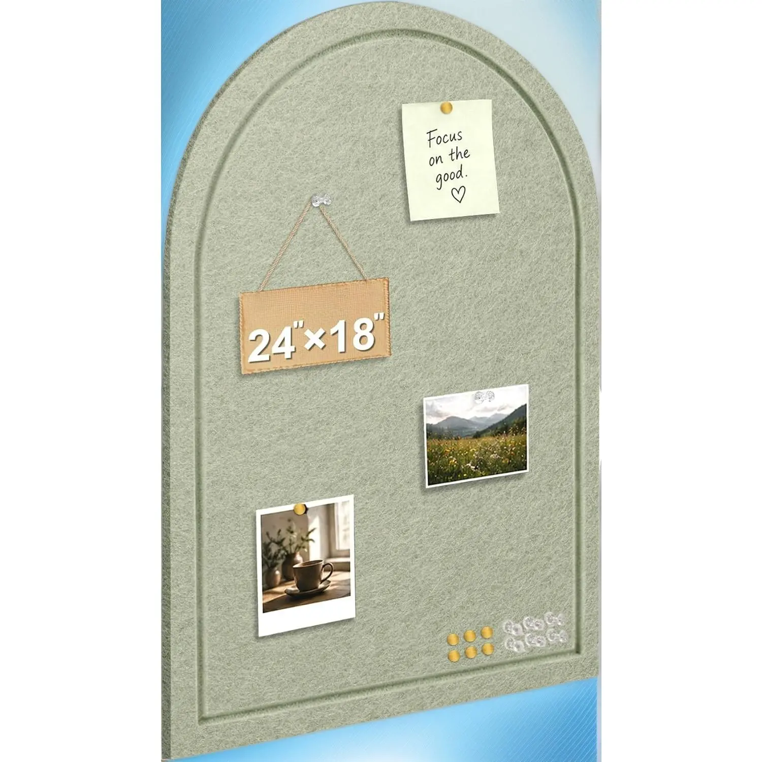 24" x 18" Arched Felt Bulletin Board, Sage Green Foldable Wall Mount Notice Board, Grooved Edge Self‑Adhesive Cork Board Alternative with Pins & Hooks for Home Office School Photo Display