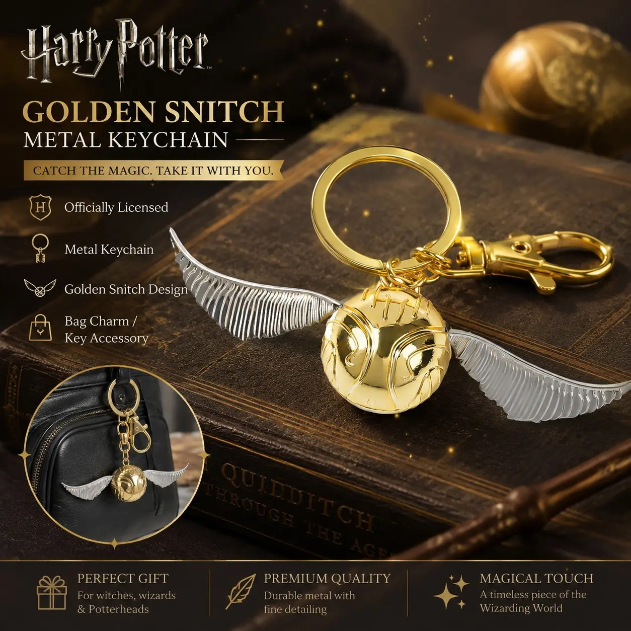 WB Officially Licensed Harry Potter  Golden Snitch Keychain 1 Pack Metal Quidditch Winged Ball Pendant Bag Charm Back to School Backpack Decor Cosplay Prop Halloween Christmas Gift Aesthetic Wizard Collectible Accessory