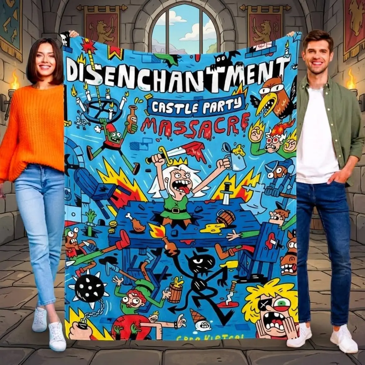 Netflix Disenchantment Cartoon Flannel Blanket - Soft Cozy Throw for Bed Sofa Couch Decor, All Season Bean Elfo Luci Kids Birthday Gift Clothes