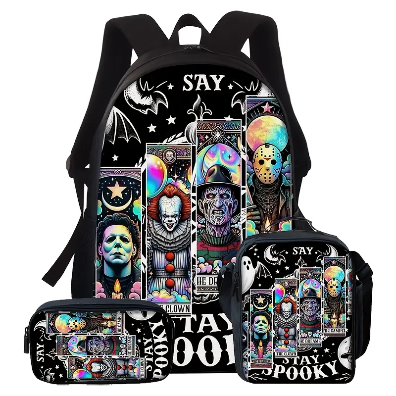 Durable Water Resistant 3-Piece Backpack Set, Backpack + Insulated Lunch Bag + Pencil Case, Classic Horror Villains Tarot Card Neon Cosmic Style Print, Breathable Padded Straps