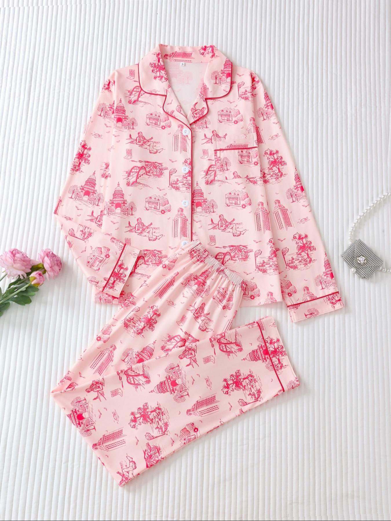 Women's 2-Piece All Over Print Button Front Pocket Lapel Shirt & Elastic Waist Pants Pyjama Set, Casual Comfy Long Sleeve Top & Trousers Matching Pj Set, Women's Sleepwear for Spring & Fall