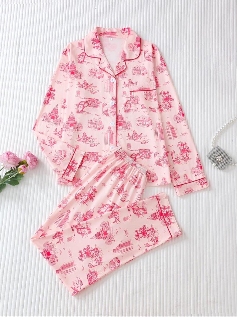 Women's 2-Piece All Over Print Button Front Pocket Lapel Shirt & Elastic Waist Pants Pyjama Set, Casual Comfy Long Sleeve Top & Trousers Matching Pj Set, Women's Sleepwear for Spring & Fall