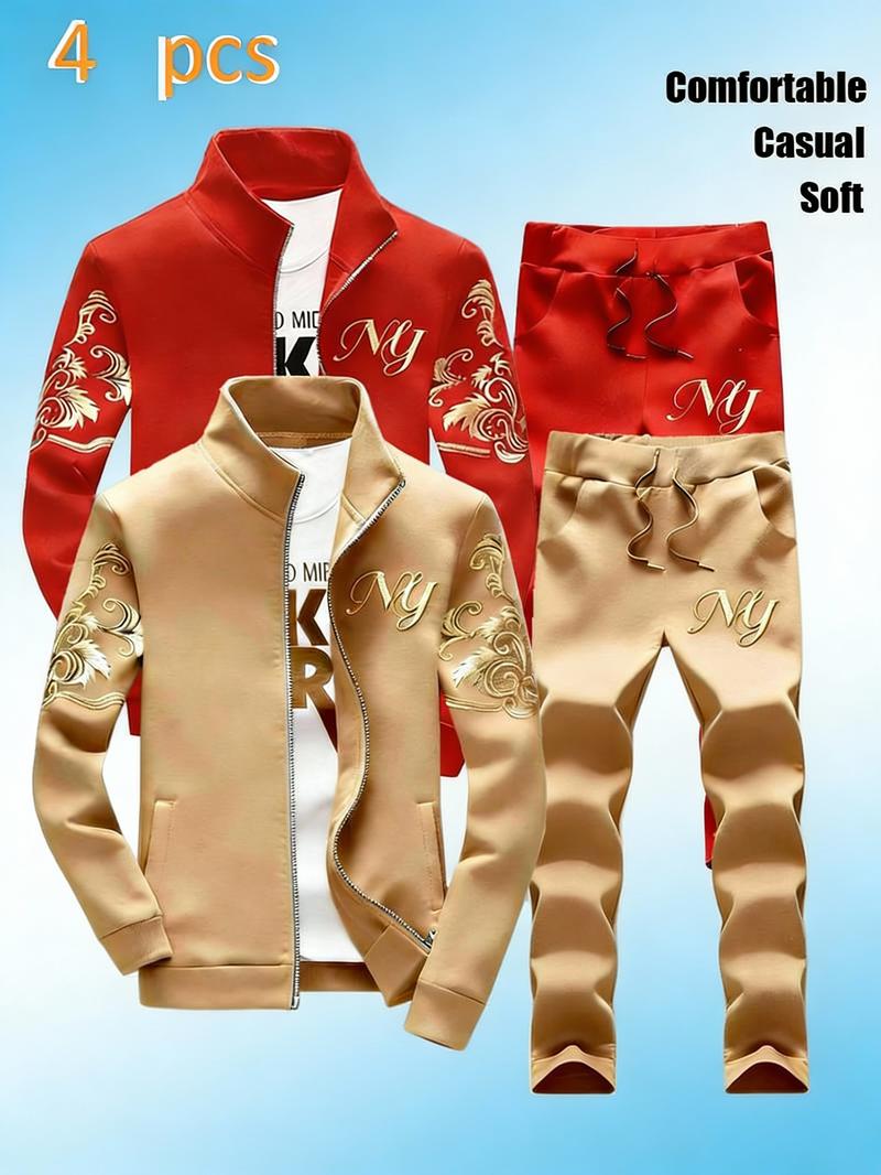 Men's Stand-Collar Zipper Tracksuit - Stylish NY Embroidered Pattern, 4-Piece Casual Sports Set