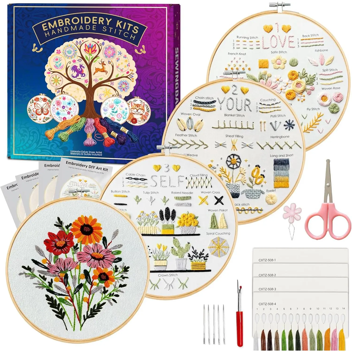 Embroidery Kit for Beginners with Tutorial Video &  Box | DIY Pre-printed  Practice Patterns, 7.9×7.9 inch Fabric, Complete Embroidery Supplies with  Box for Beginners