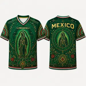 2026 Mexico Inspired Green V-Neck Sports Jersey for Men, Guadalupe Style Sacred Figure Graphic, Aztec Calendar Art, Floral Details, Short Sleeve Soccer Fan Shirt, Casual Futbol Game Day Tee