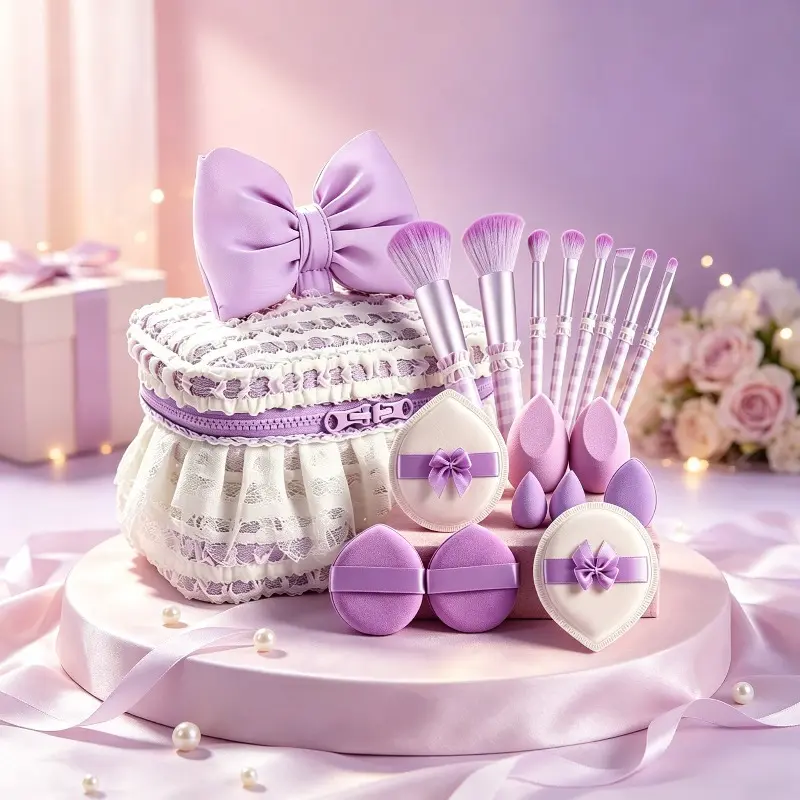 17-Piece Purple Full Makeup Tool Set with Storage Bag, Soft Makeup Brushes, Multi-shaped Beauty Sponges & Bow Powder Puffs, Exquisite Lace Zipper Storage Pouch, Portable & Cute, Gift for Makeup Beginners, Beauty Tools