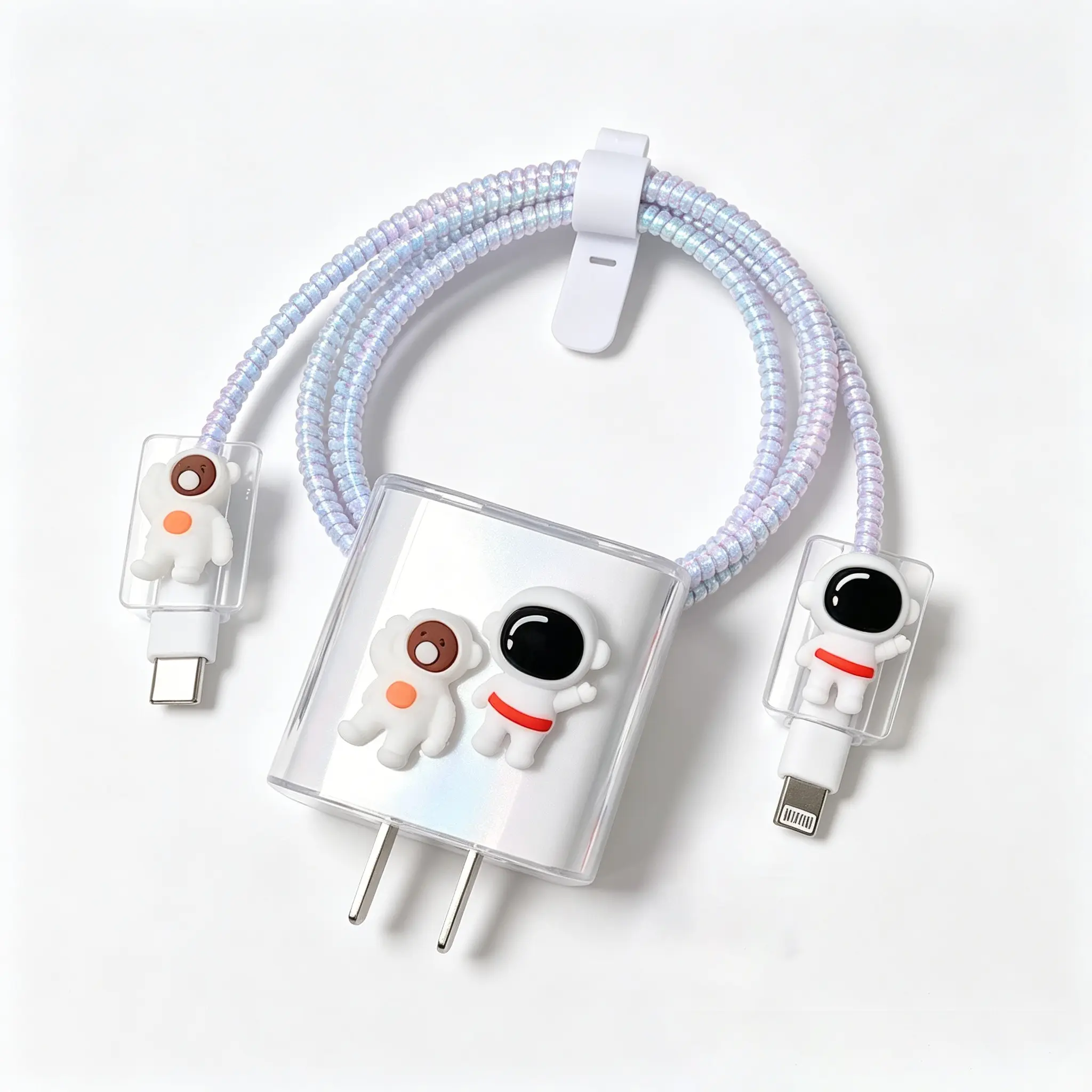 3D Astronaut Charger Protector Set, Matte & Transparent Case, /iridescent Spiral Cable, iPhone 18/20w USB-C Adapter, Cool Minimalist Gift