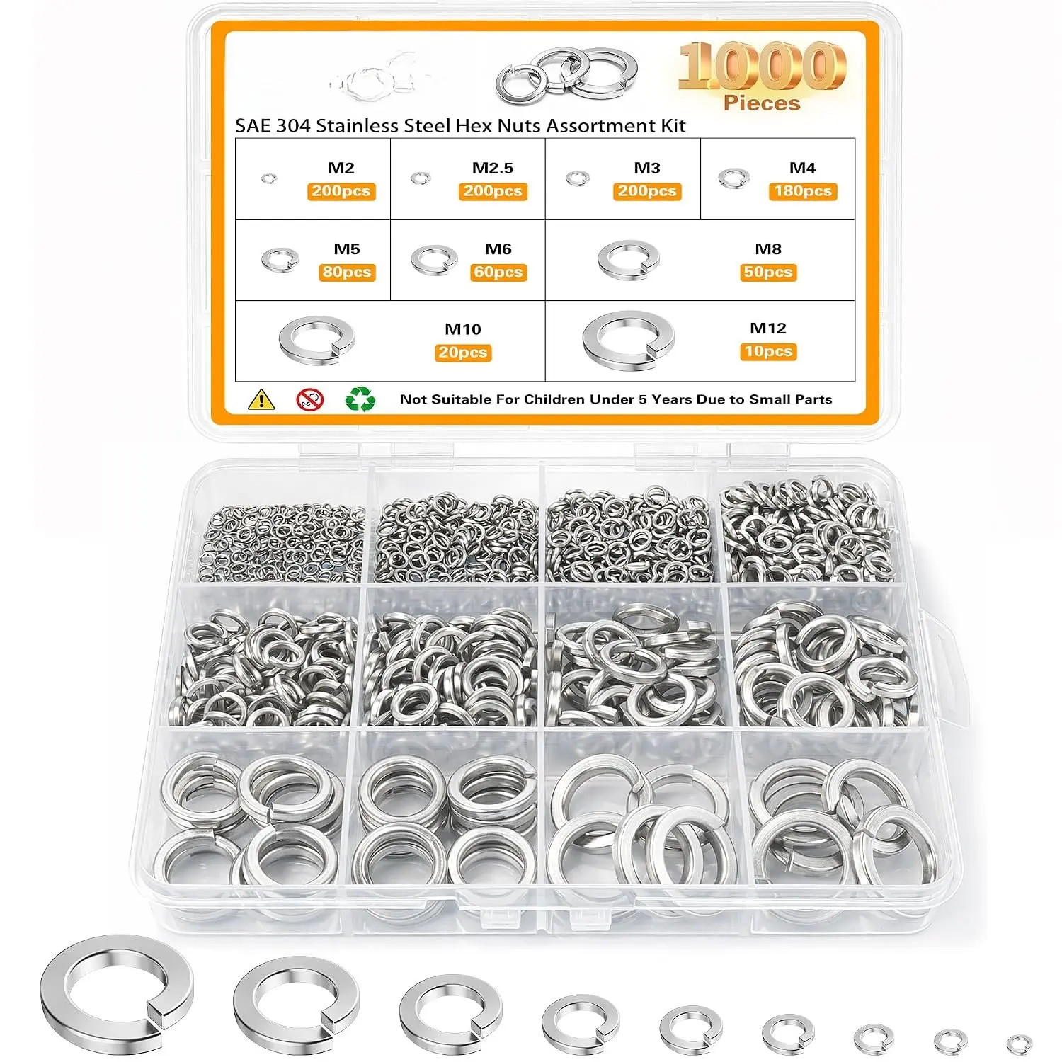 1000 count Spring Lock Washers  Kit, Metric Split Lock Washer Set, 304 Stainless Steel Lock Washers for Screws ,9 SAE Sizes M2 M2.5 M3 M4 M5 M6 M8 M10 M12