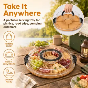Round Bamboo Serving Tray with Clear Lid, 5-Compartment Snack Platter with Handle & Locking Latches for Parties, Picnics, Camping & Family Gatherings