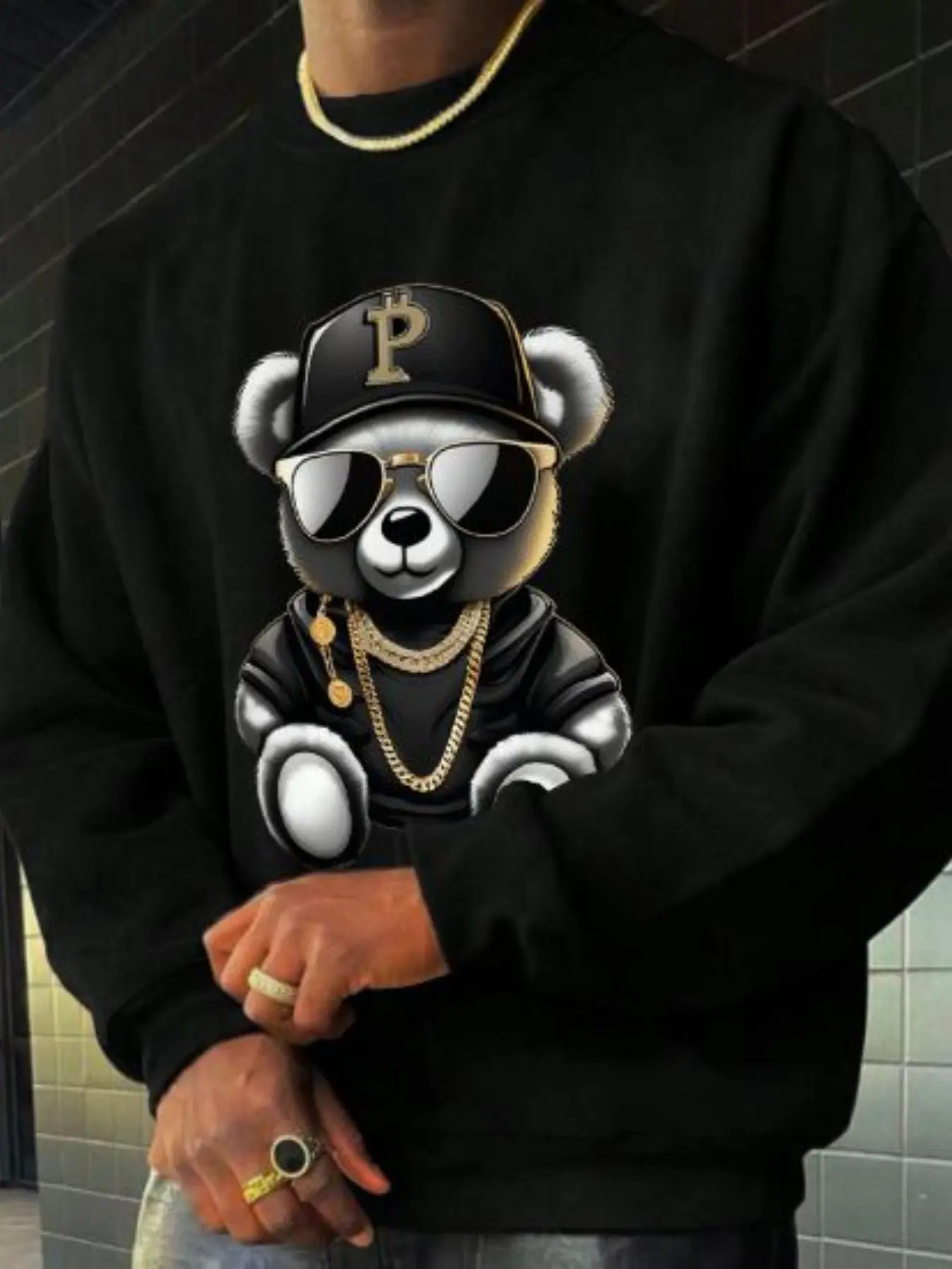 Men's Spring/fall Casual Pullover Sweatshirt, Cartoon Bear Print, Round Neck, Long Sleeve, Perfect for Outdoors, Ideal Gift for Boyfriend