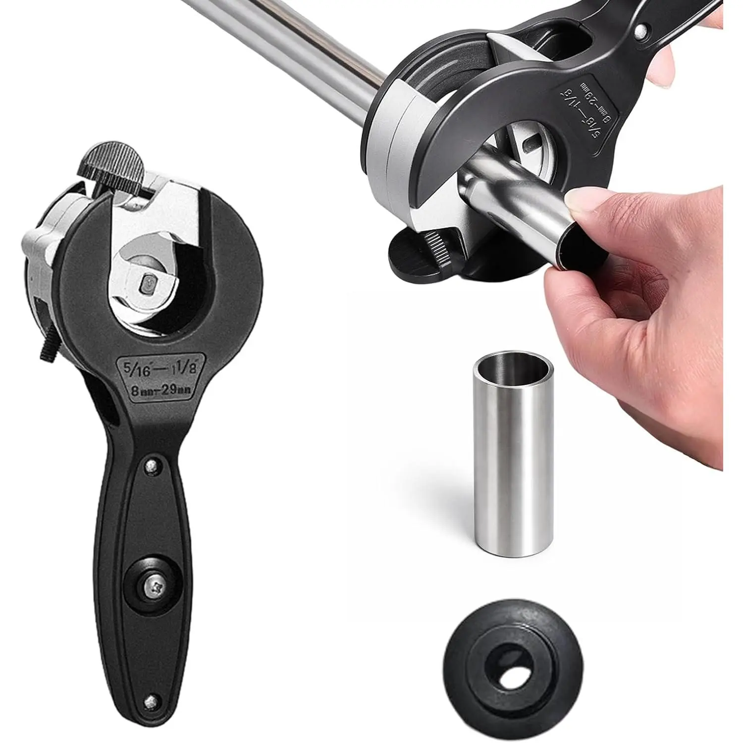 Ratchet Pipe Cutter, 2-in-1 Ratcheting Pipe Cutter Tool for Tight Spaces, for Copper and PVC, Close Quarters Tubing Cutter for 6–23mm & 8–29mm Pipes (5/16–1-1/8 (8–29mm))