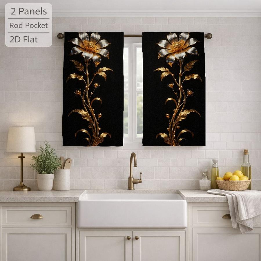 2Pcs Luxury Golden Flower Pattern Vintage Floral Sun Blocking Curtains Digital Printed Rod Pocket, Window Treatment For Bedroom Office Kitchen Living Room Study Home Decor