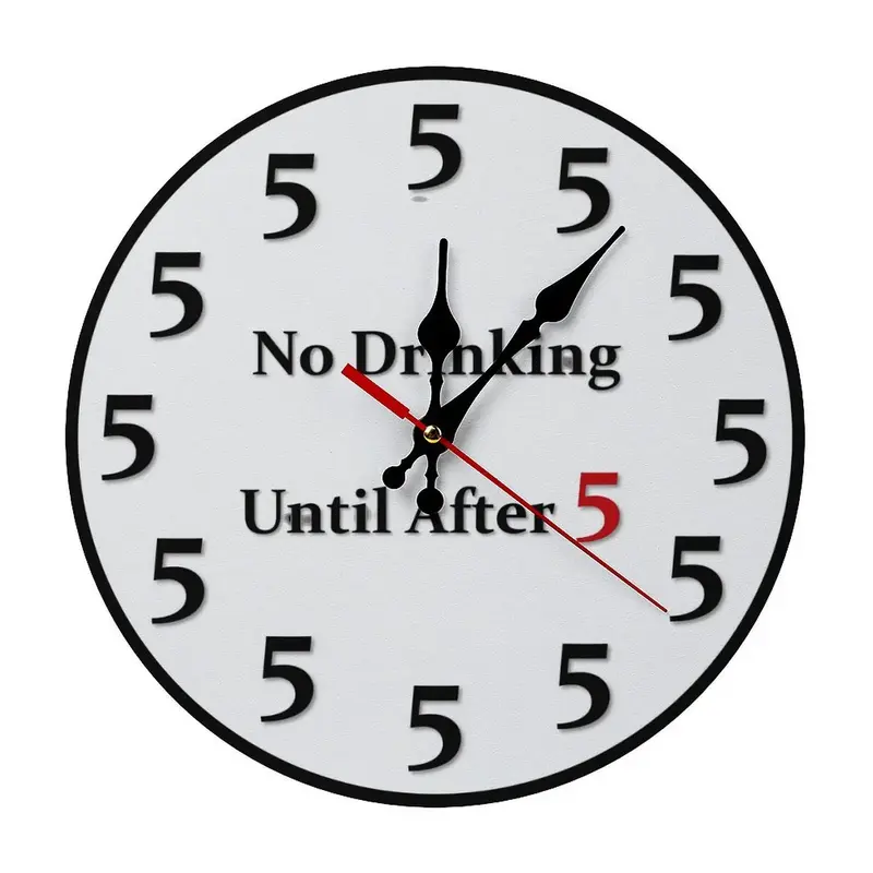 Easy assemblyNovelty Silent Non-Ticking Round Wall Clock - Funny "No Drinking Until After 5" Design, 9.8/11.8 in Silent Analog Wall Art, Home Decor for Bar, Kitchen, Silent Analog Clock, Wall Art Clock