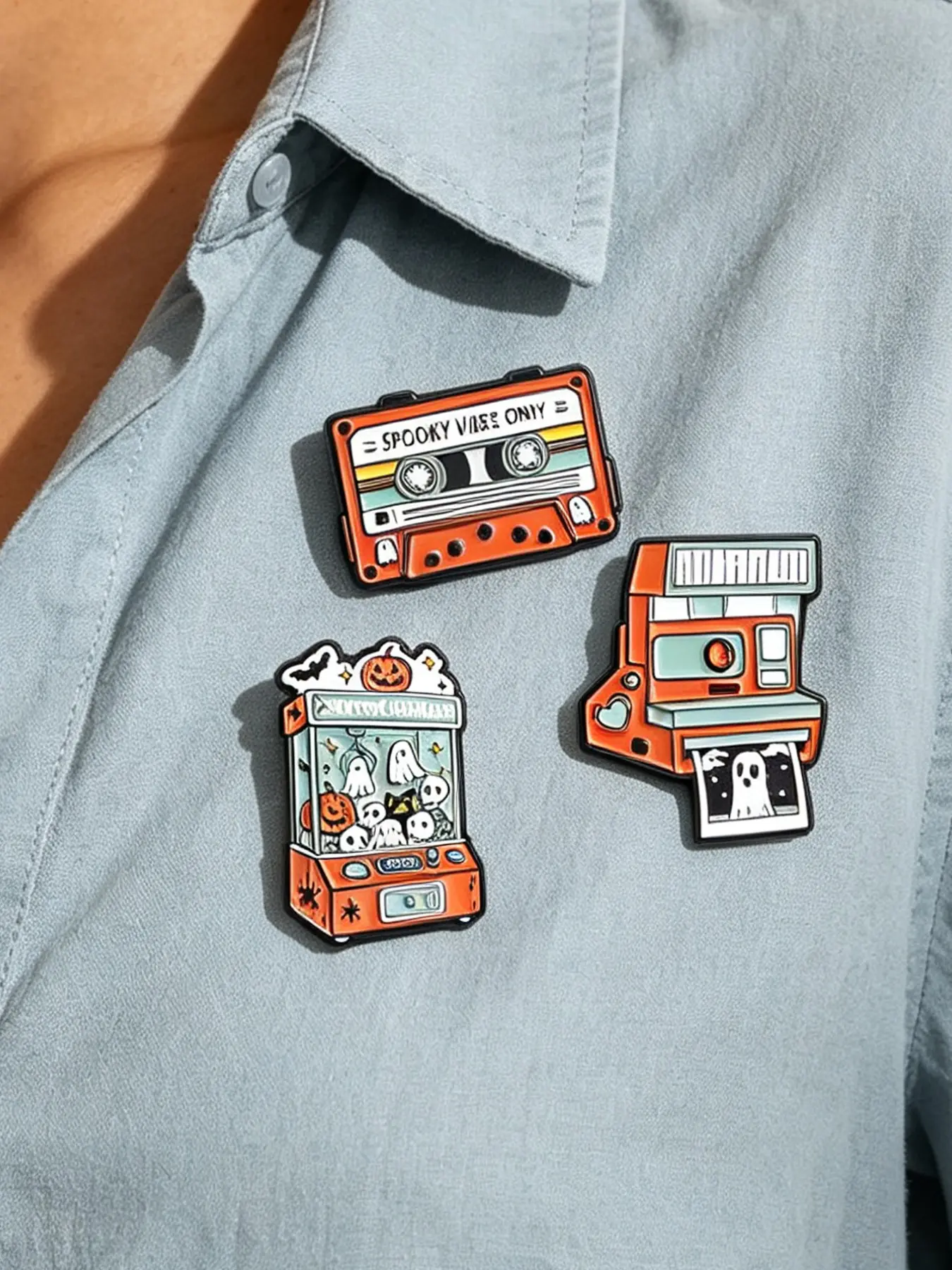 Halloween Horror Enamel Badge Set, Vintage Ghost Camera Claw Machine Tape Badges, Cute Gothic Tie Badges, Backpack Decor Gift