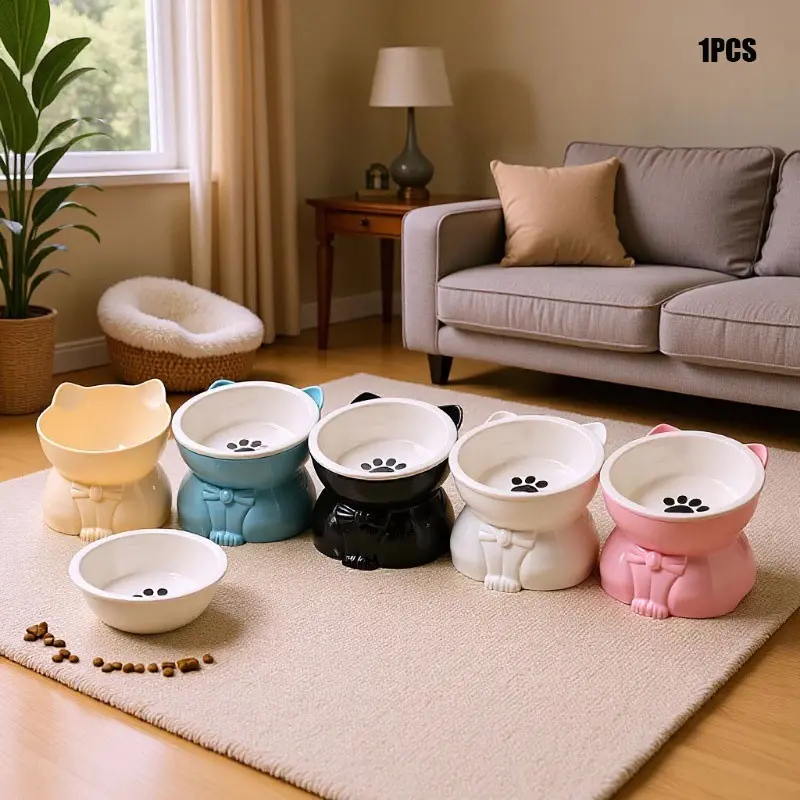 Cute Ceramic Cat Bowl, Pet Food Dish for Cats, High Foot Design, Neck Protection, Sloped Mouth, Ideal for Drinking and Eating