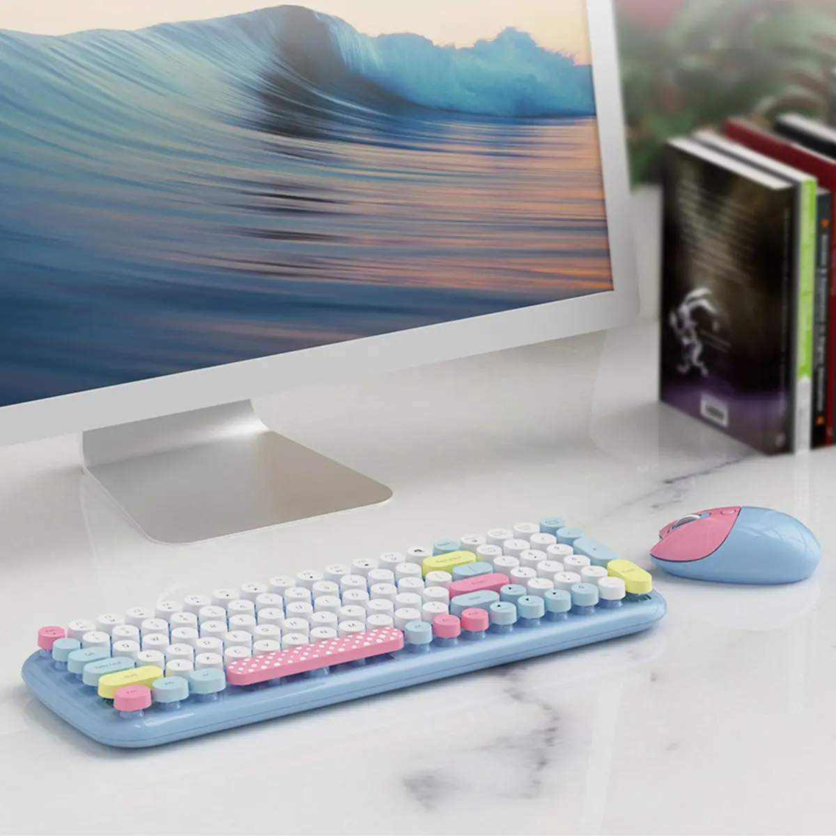 GEEZER Candy PLUS Wireless Keyboard and Mouse Set, Macaron Color‑Block Retro Round Keycaps, Cute Combo for Women Home & Office Use